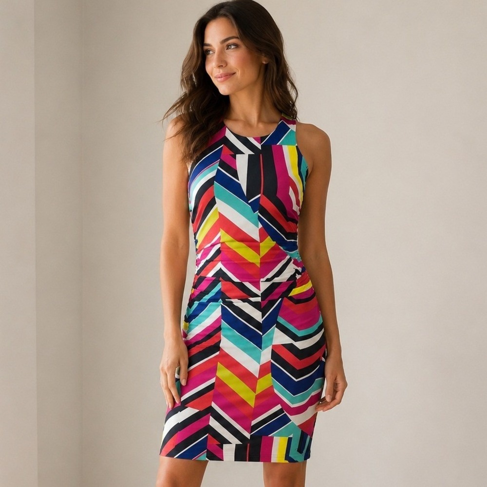 Trina Turk Sleeveless Sheath Dress Geometric Chevron Ruched Multi-Color Small